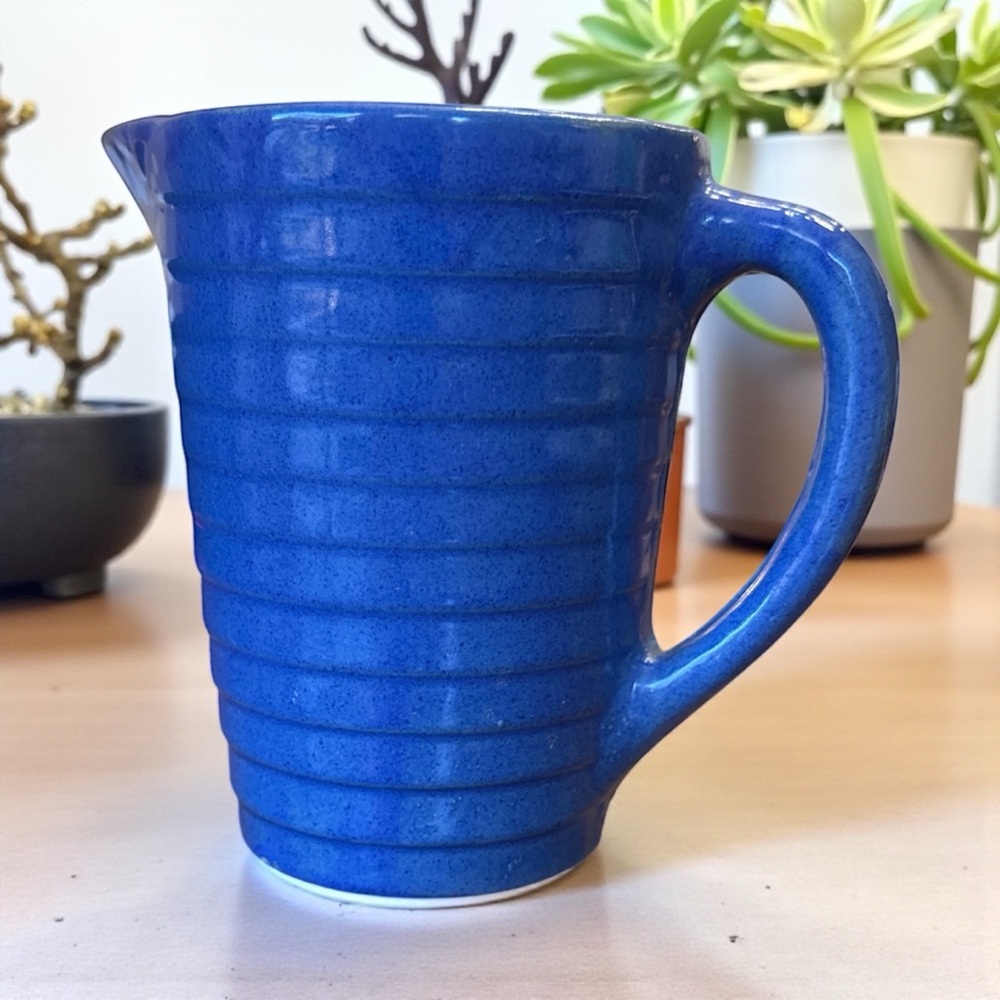 Vintage USA Pottery Blue Ribbed Pitcher | Mid Century Ringware Crock | 5.5"